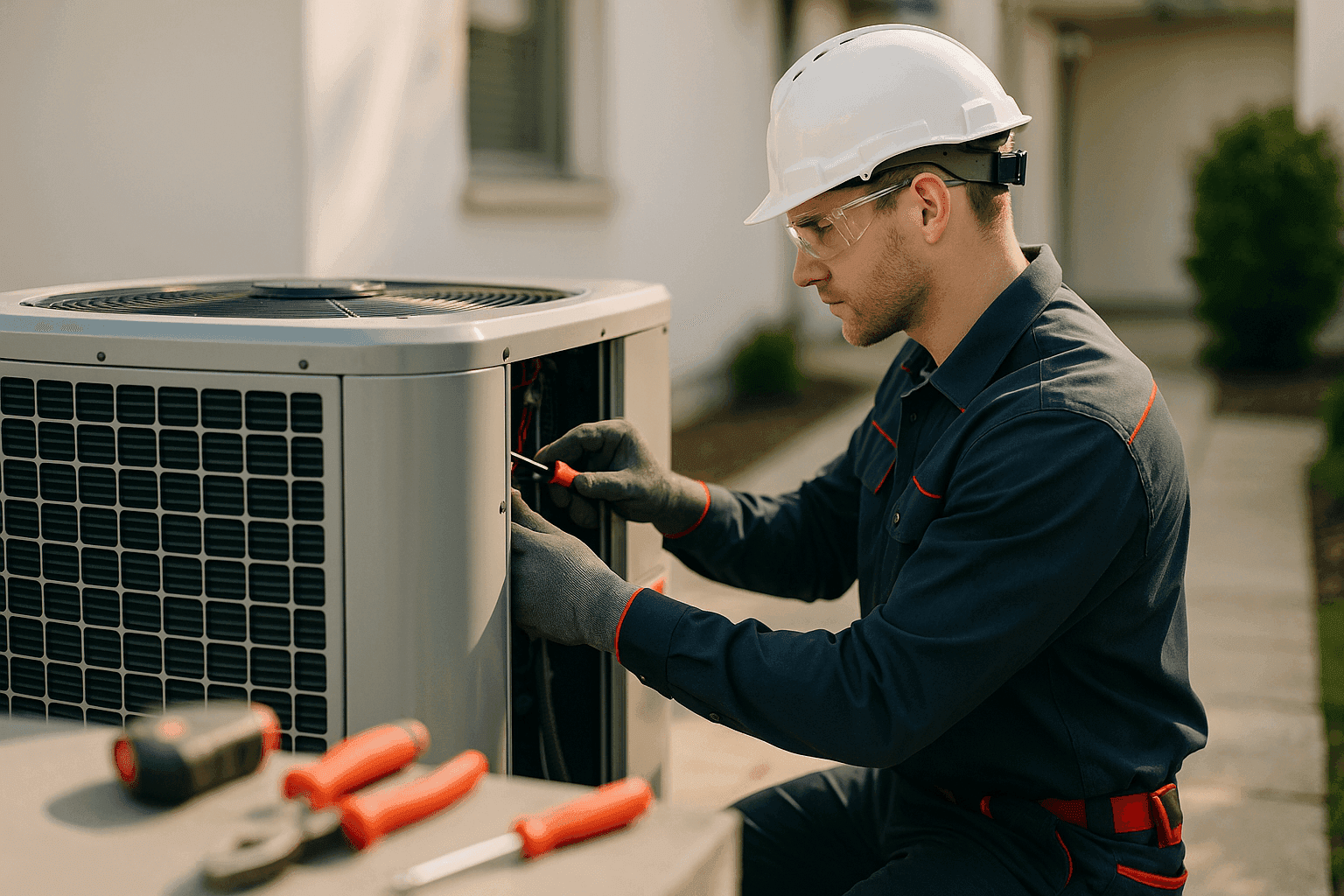 HVAC technician wearing PPE working on a clean residential or commercial HVAC unit