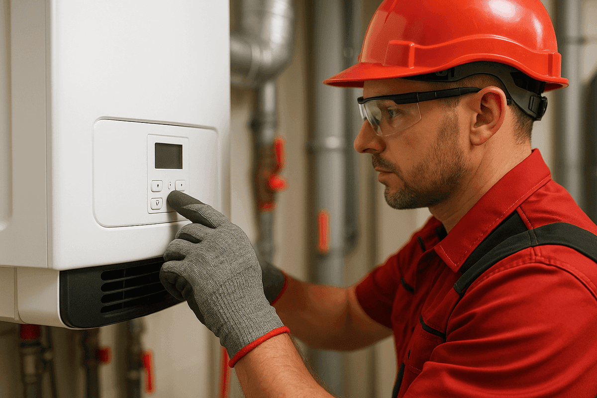 Close-up of gloved hands adjusting air conditioning unit control panel in mechanical room