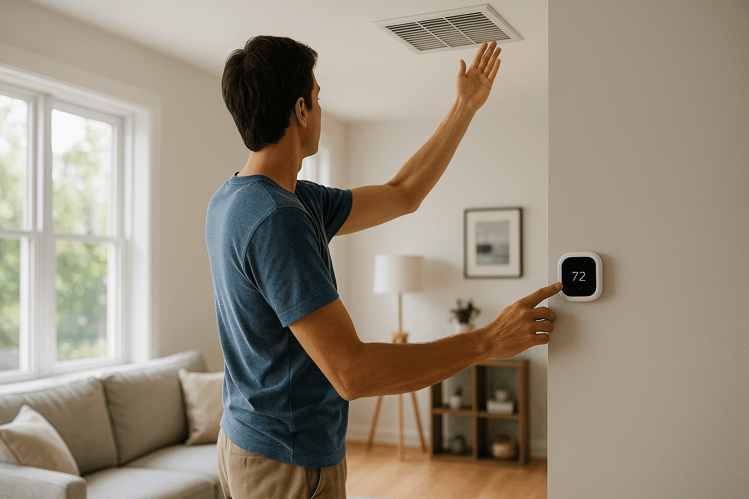 Homeowner checking thermostat and AC vent