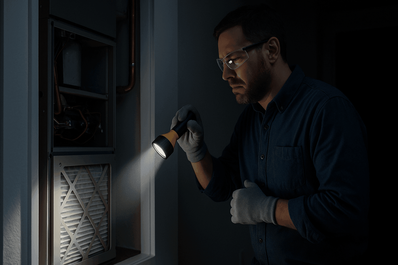 Homeowner checking HVAC unit during power outage
