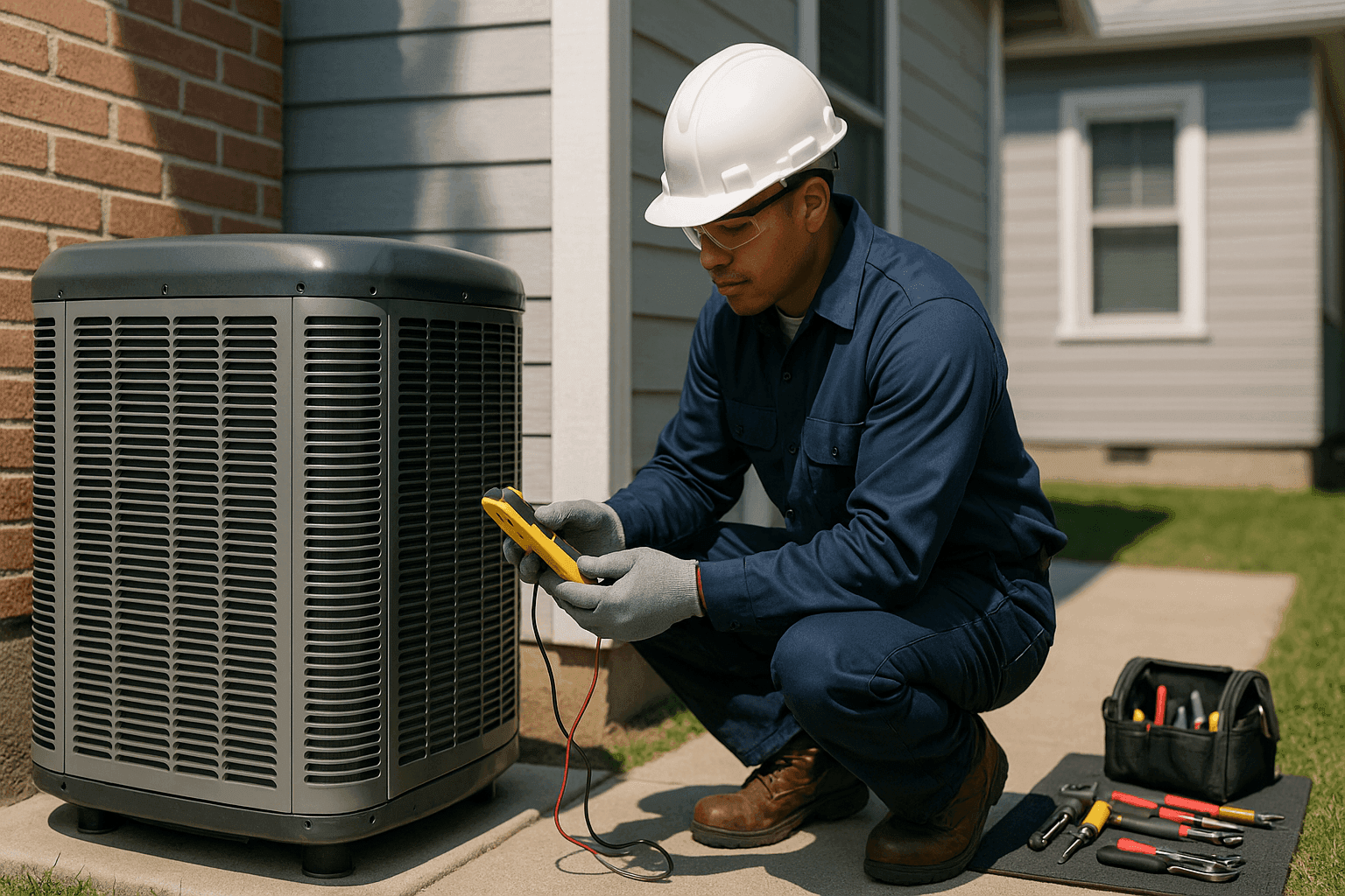 Technician inspecting residential HVAC unit outdoors